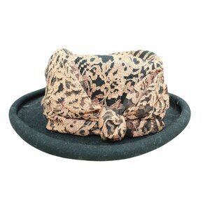 Vintage Toucan Women’s Black Wool Felt Hat with Brown Lace Overlay & Knot Detail
